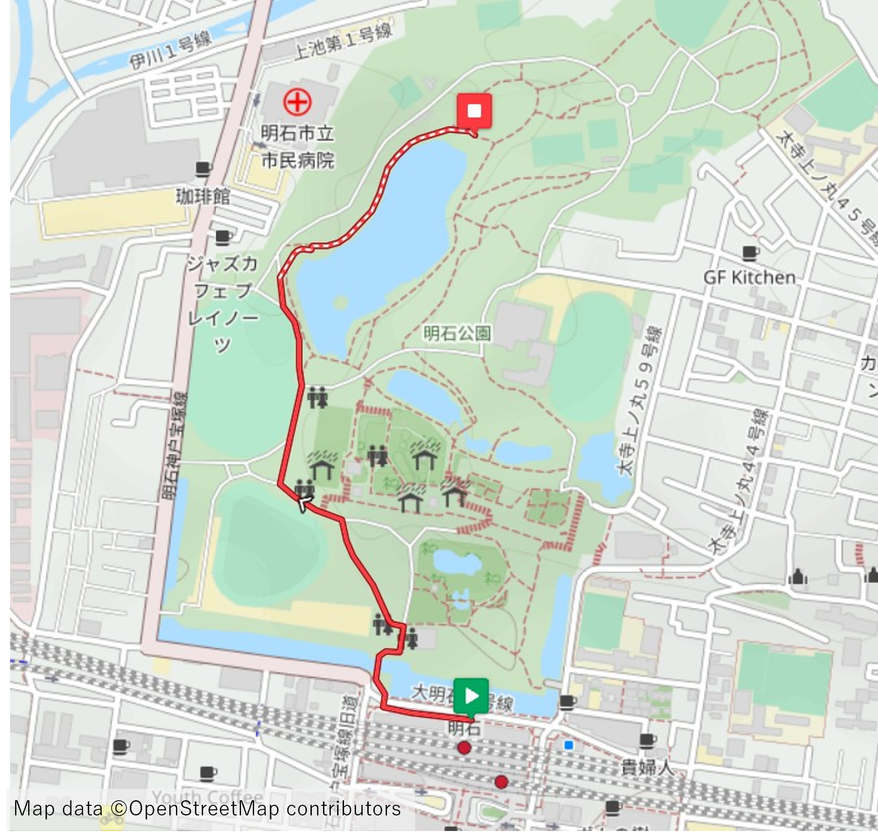 Map from Akashi station to Akashi Park